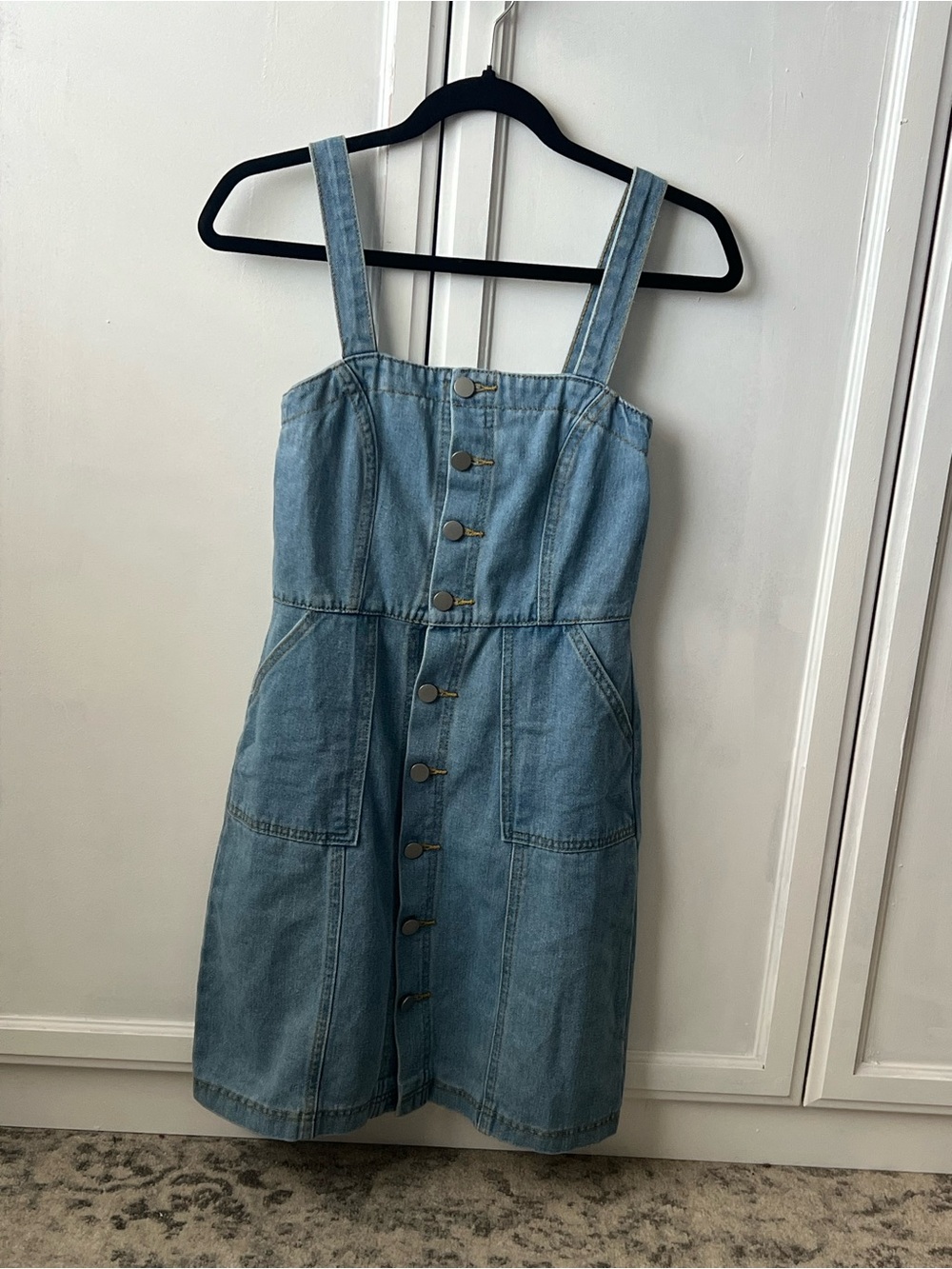 Button-Front Denim Pinafore Dress in Light Blue